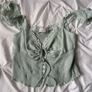 Sage Green Lace-Trim Smocked Crop Top